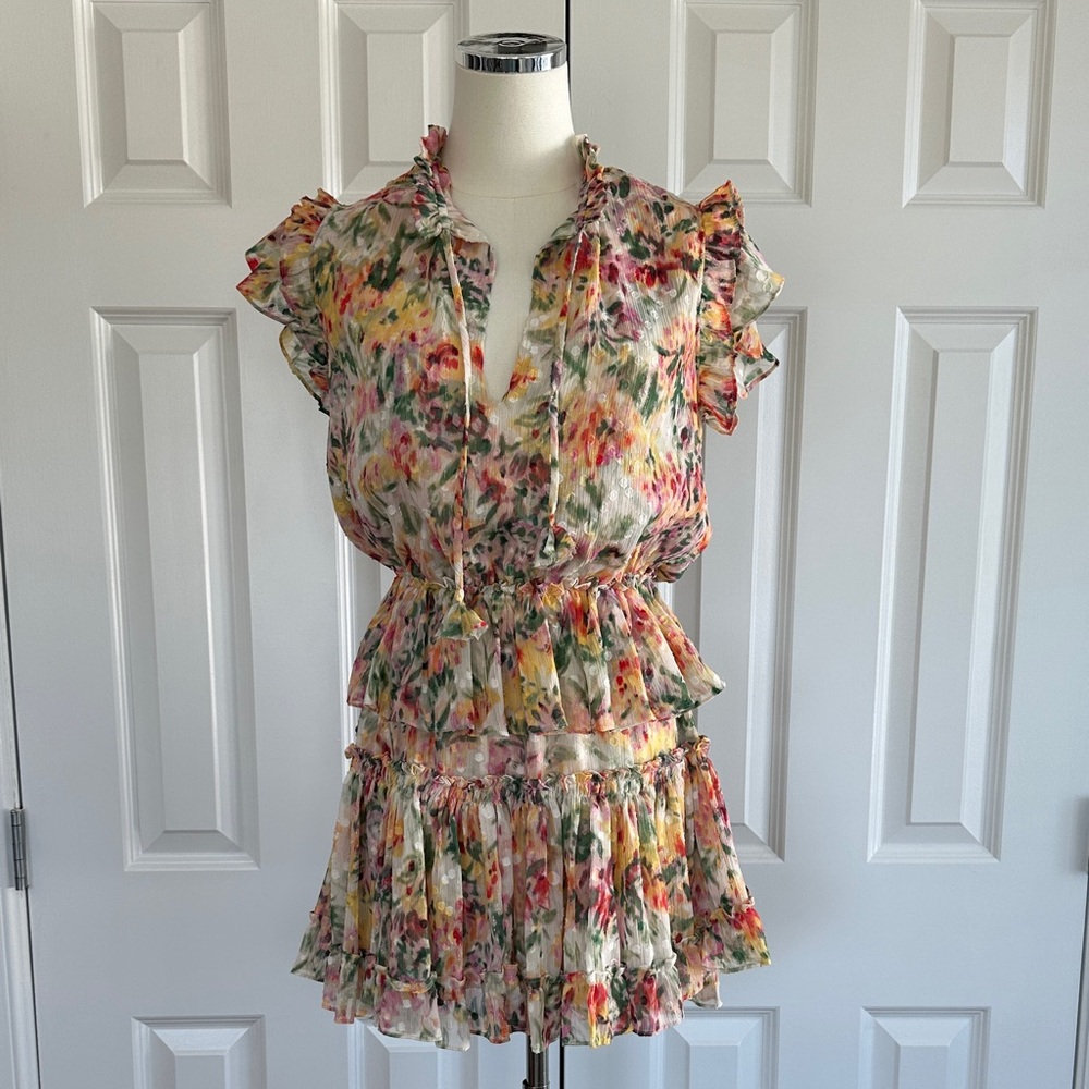 NWT MISA Floral Ruffle Metalic Threading Tiered Mini Dress Resortware Size XS